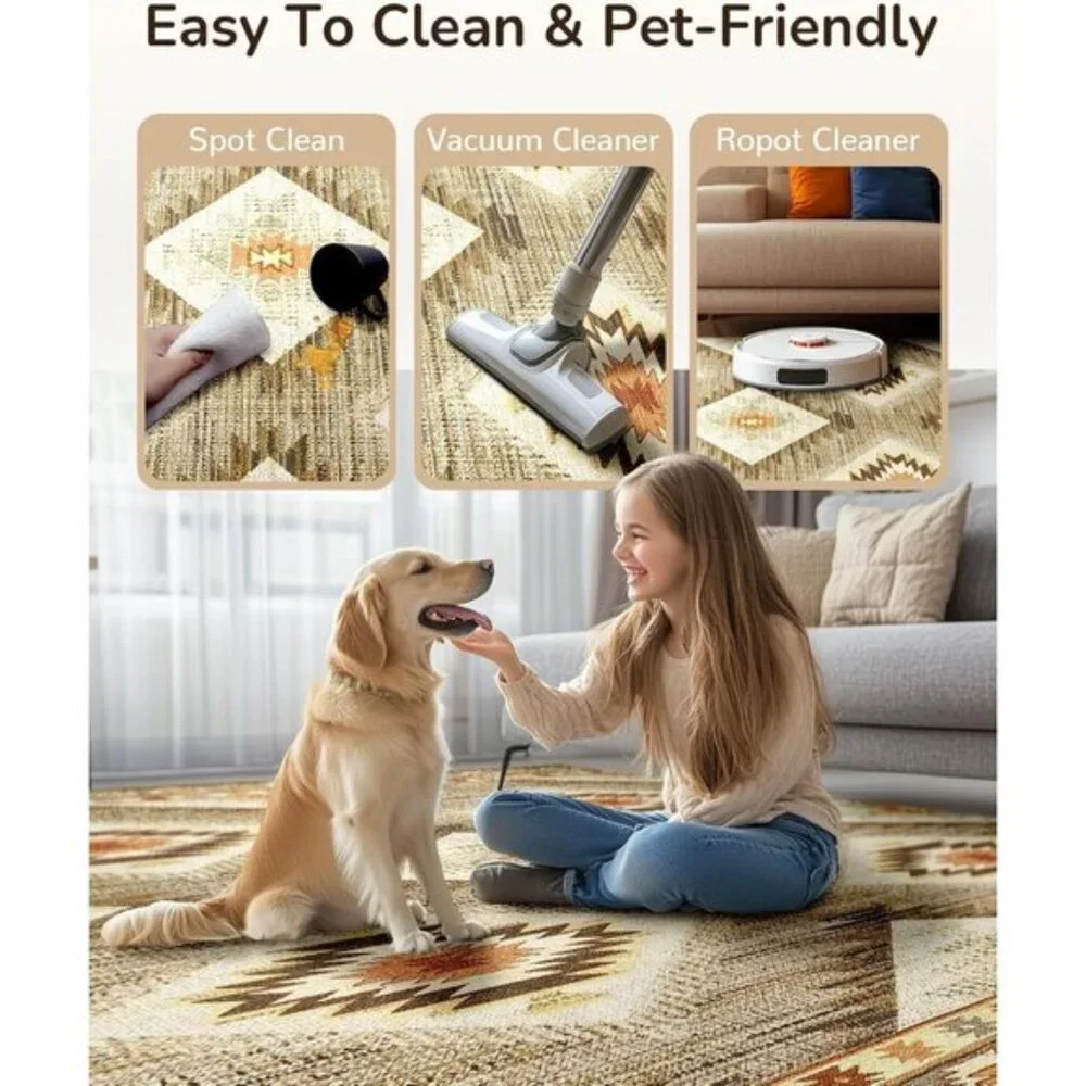 New 5x7 Cream Camel Western Rug, Washable Low Pile Non-Slip Area Carpet for Home